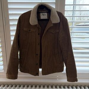 Zara Men's Brown Corduroy Jacket with White Sherpa Collar